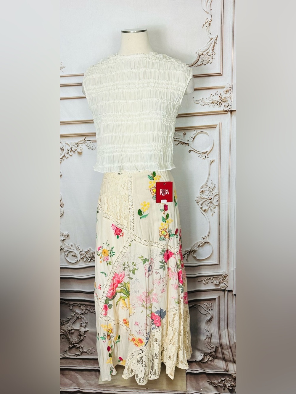 Floral Patchwork Lace Maxi Skirt - Cream - Picture 7 of 12